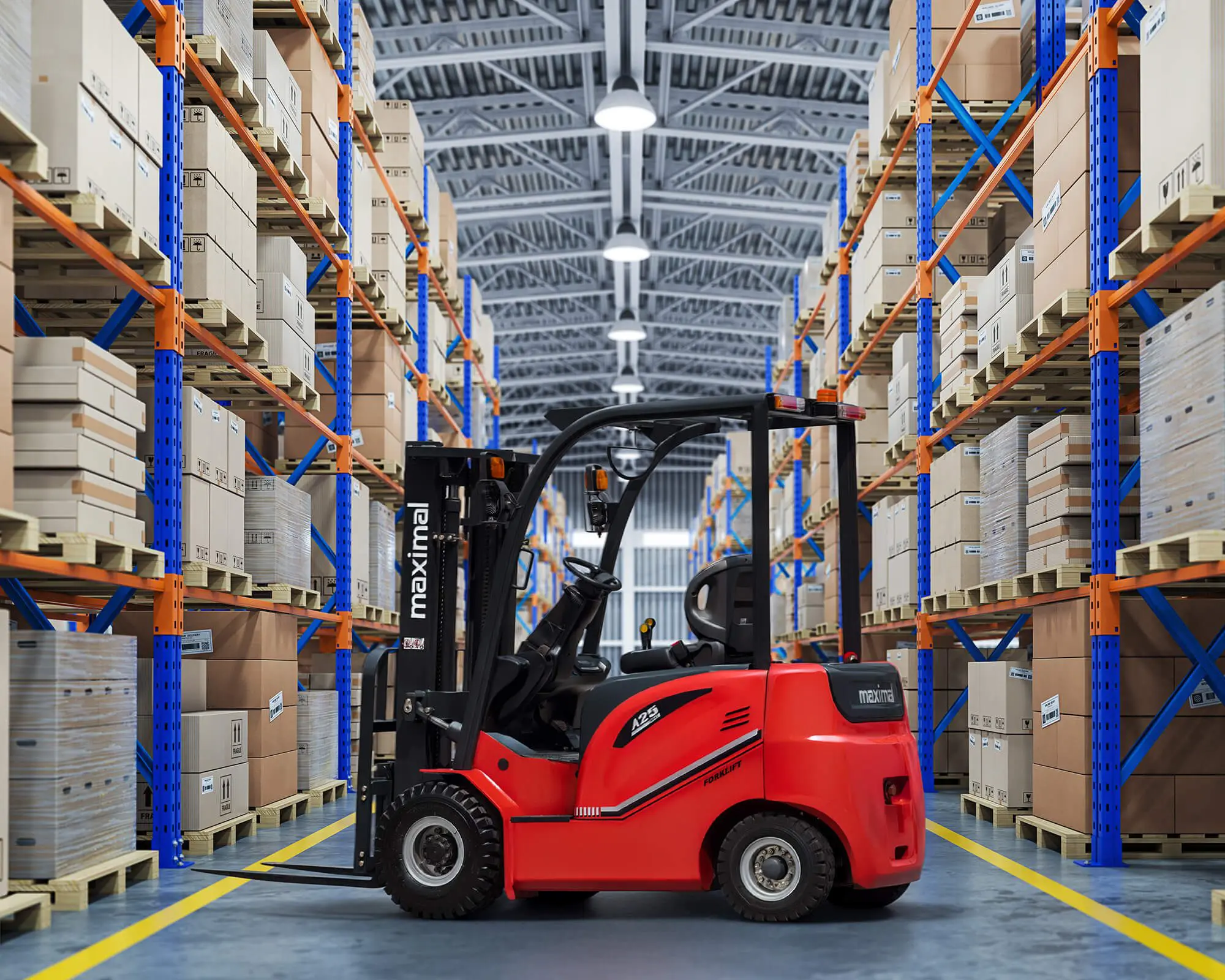 A red forklift navigating through a warehouse filled with stacked boxes on shelves