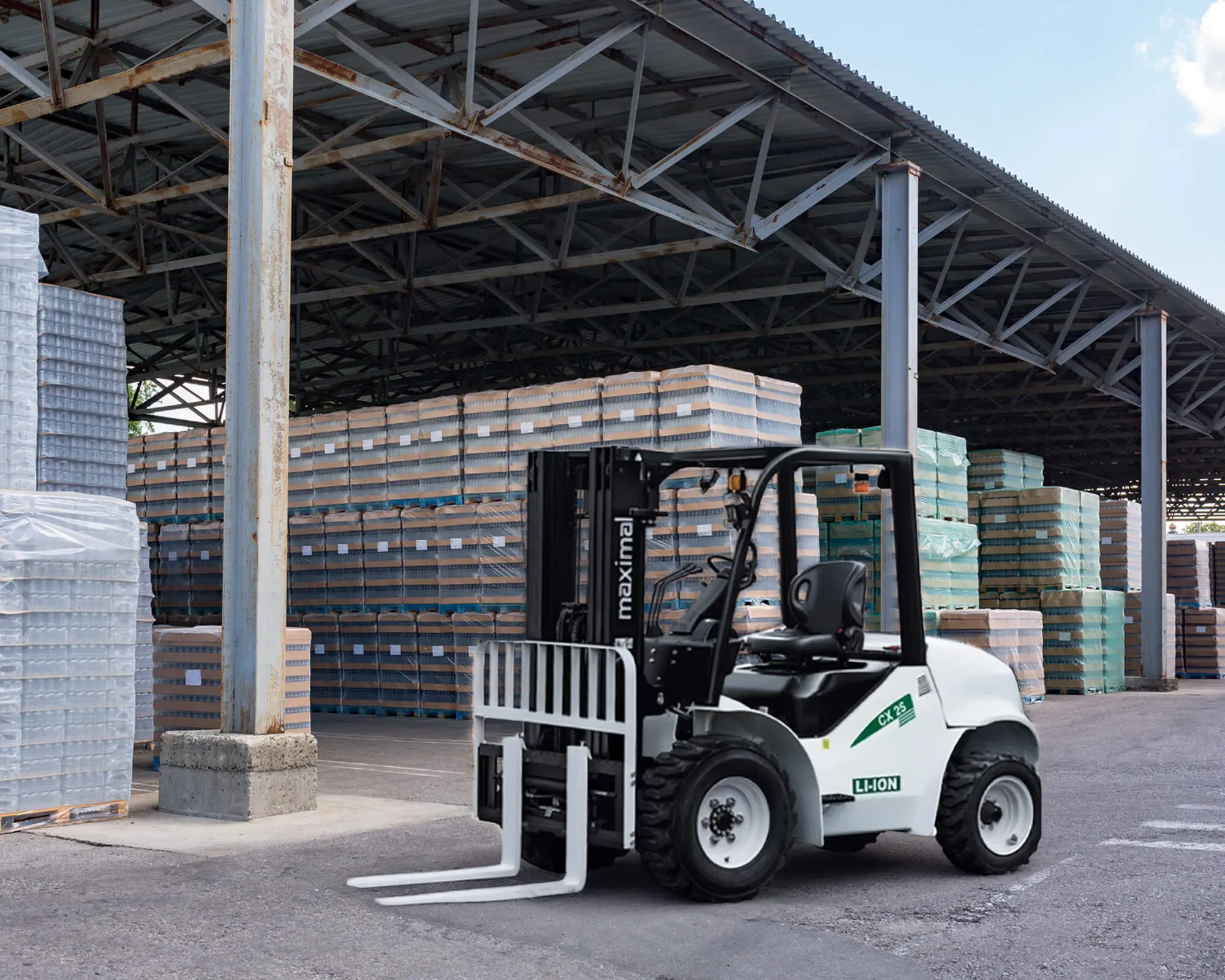 Forklift in Warehouse Setting A white forklift with a black frame parked in a warehouse surrounded by stacks of materials.