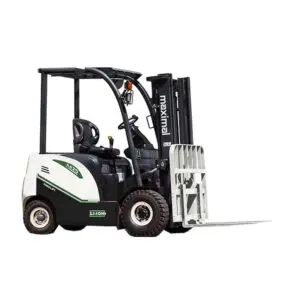 A Maximal forklift demonstrating its capabilities, featuring a sturdy design and lifting equipment suitable for warehouse operations.