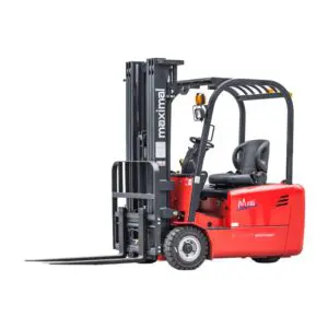 A red Maximal forklift featuring a lifting mechanism and operator seat, designed for warehouse and material handling tasks.
