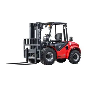 A red forklift truck with large tires and a front lifting mechanism, designed for heavy lifting in warehouse and construction environments.