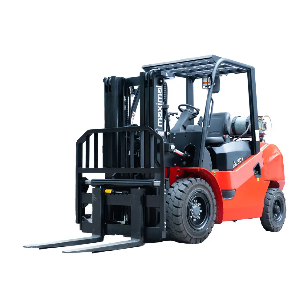 Back view of a red industrial forklift with black forks, suitable for warehouse and logistics operations.
