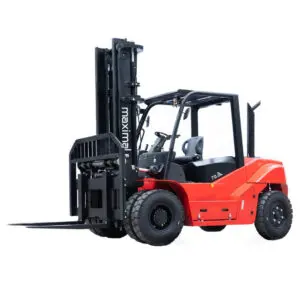 A robust red forklift with black lifting mast, designed for heavy lifting in industrial settings.