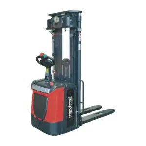 Maximal electric pallet stacker with ergonomic handle and dual forks for lifting and moving pallets.