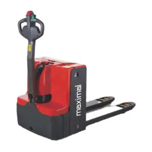 A red Maximal electric pallet truck with a black handle and fork design, ideal for material handling and warehouse operations.