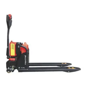 Side view of an electric pallet truck designed for lifting and transporting goods in warehouses