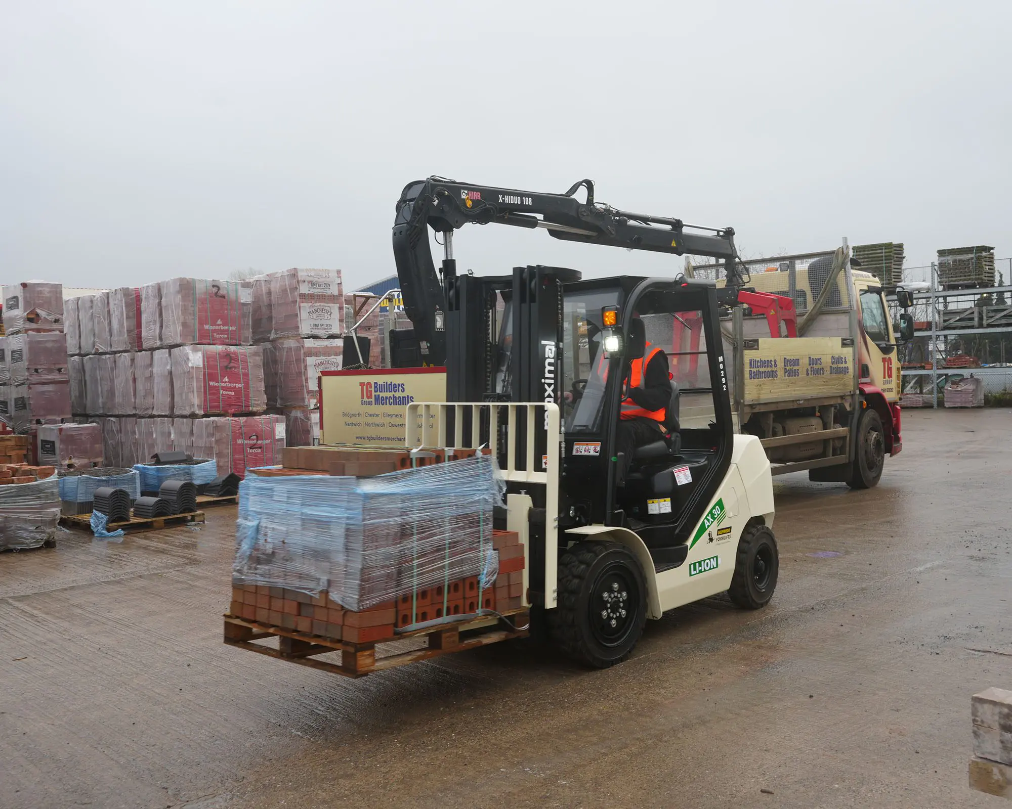 Forklift Loading Pallets in Warehouse A forklift transporting pallets of goods in a warehouse setting with stacked packages in the background.