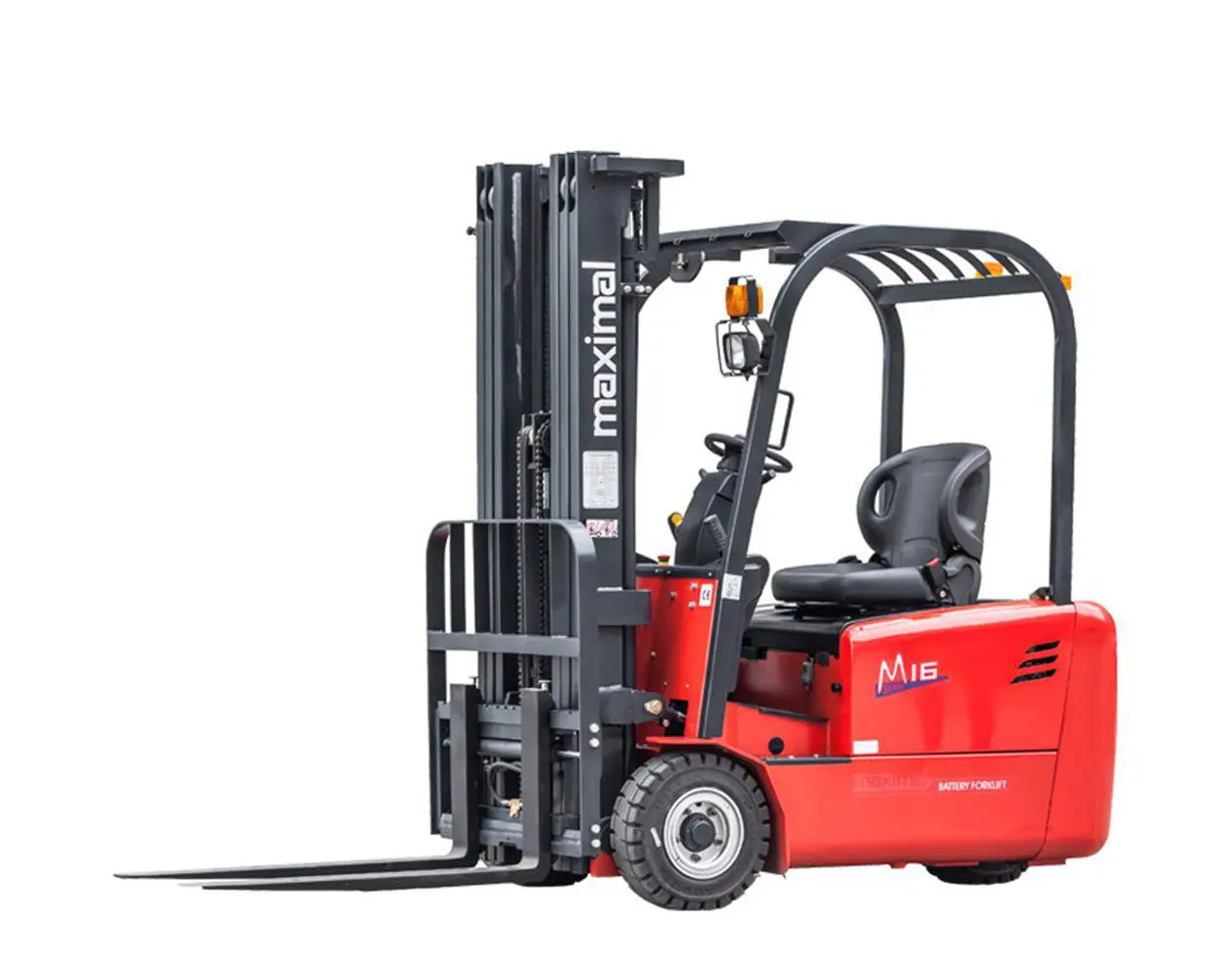 Red Maximal electric forklift designed for optimal warehouse operations and material handling.