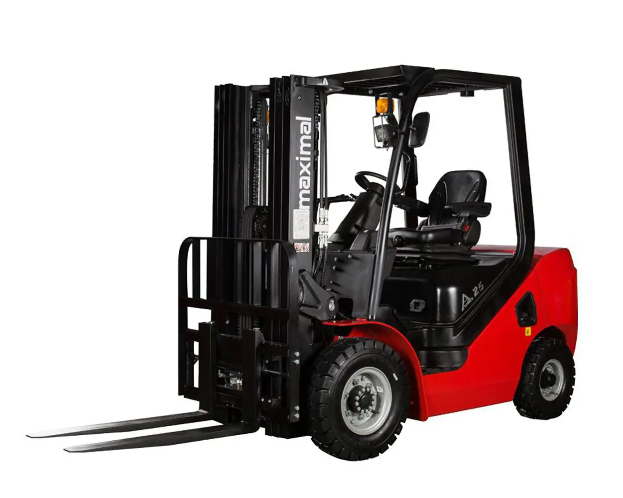 A red Maximal forklift with a black lifting mechanism, designed for warehouse and industrial use.