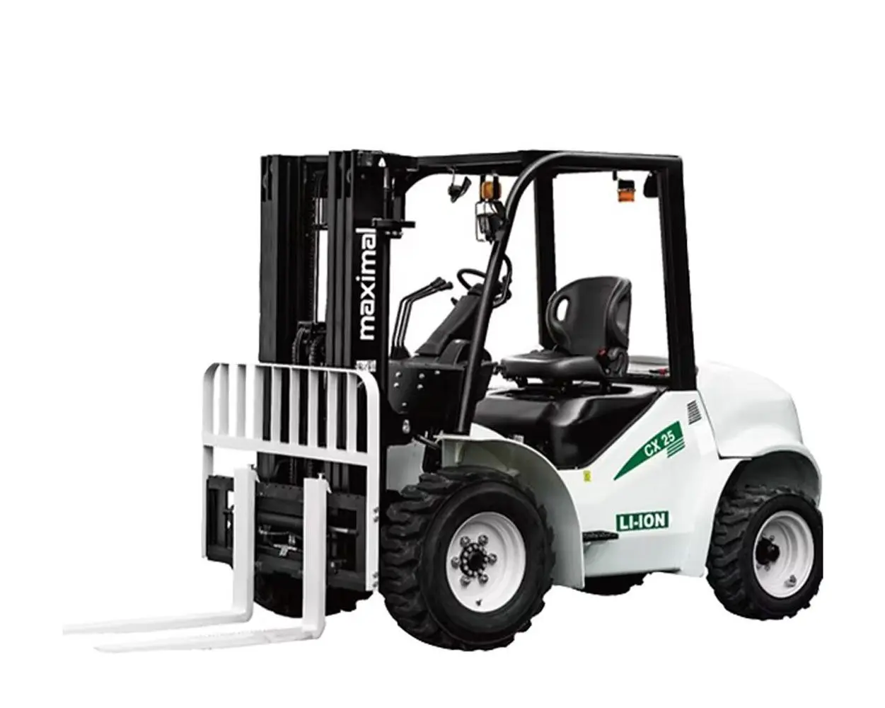 A white Maximal forklift with large tires and a front lifting fork, designed for heavy-duty lifting in various industries.