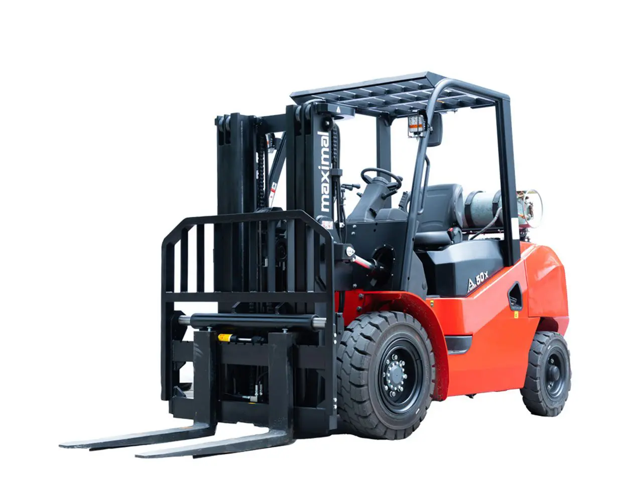 Red heavy-duty forklift with extended forks designed for lifting heavy loads in industrial settings.