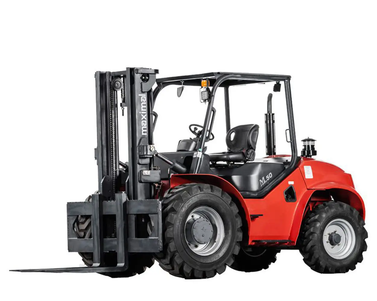 Side view of a red forklift showcasing its robust design and heavy-duty forks for lifting and transporting materials.