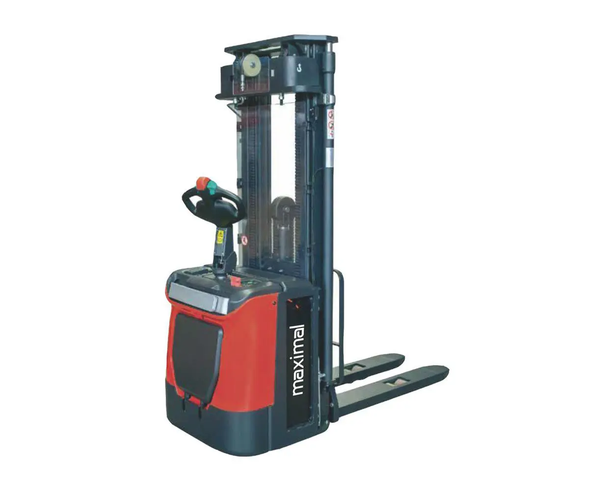 A red and black electric pallet stacker with lifting capability, designed for warehouse use.