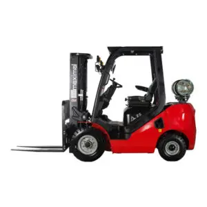 Side view of a modern red forklift with a black frame and gas cylinder, showcasing its design and functionality.