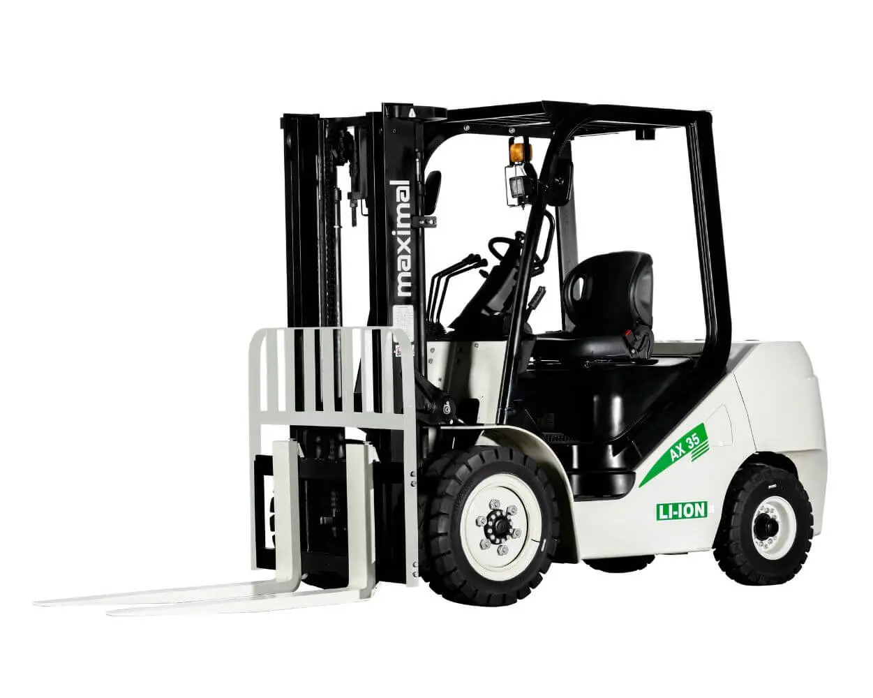 A white Maximal forklift with a black chassis, designed for material handling in warehouses.