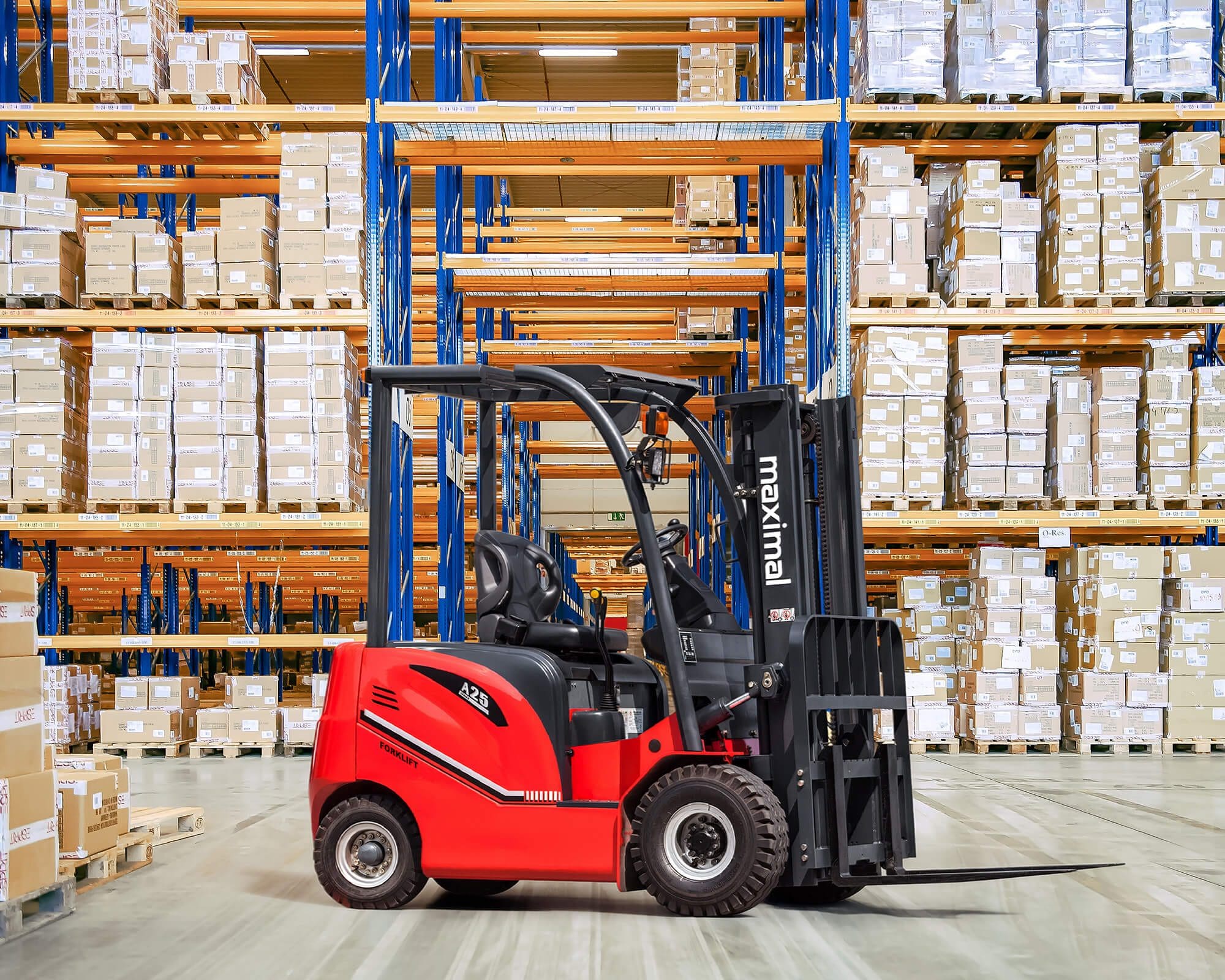 A red rear drive forklift positioned in front of large shelves filled with stacked boxes in a warehouse setting.