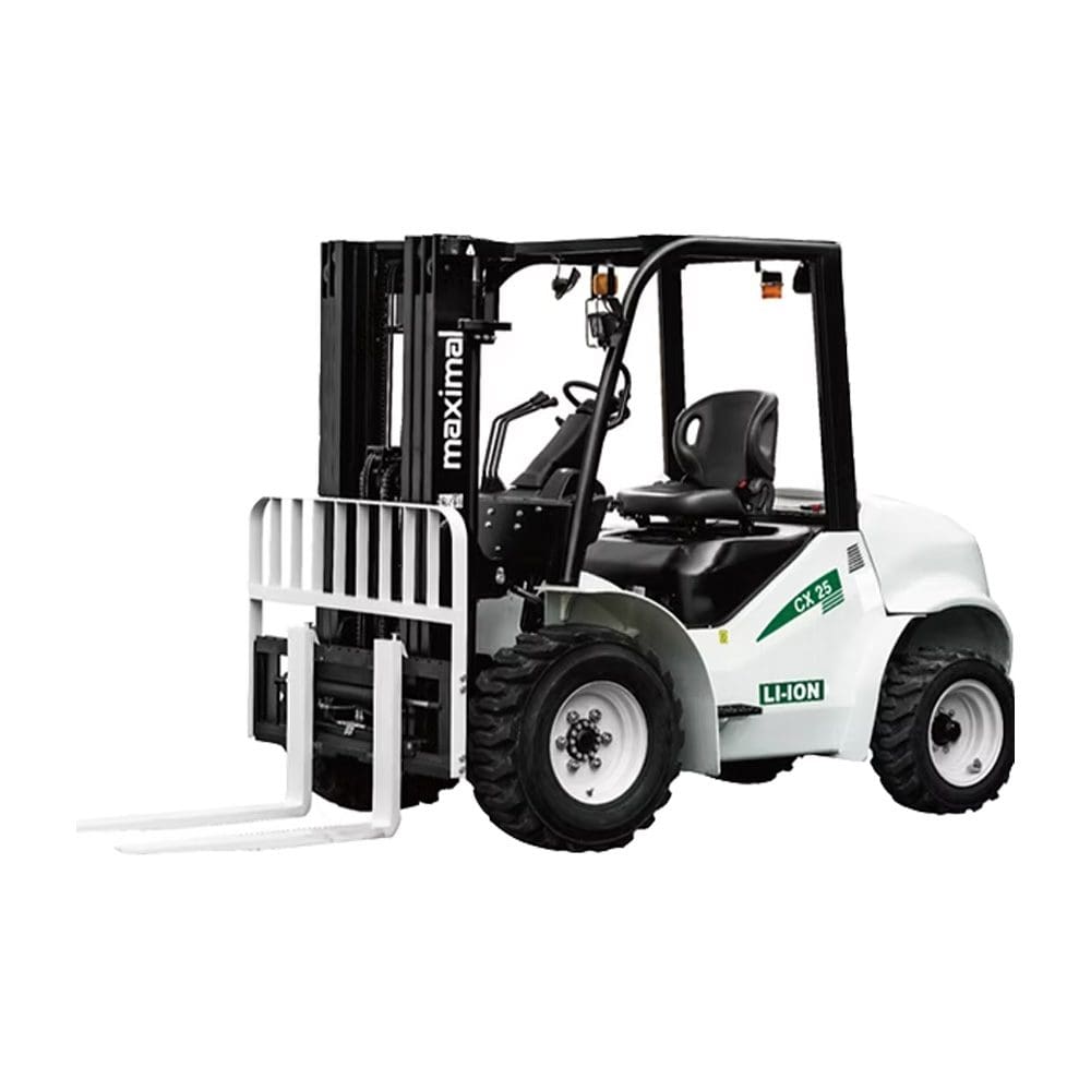 A Maximal industrial forklift featuring a robust design and front fork attachment for lifting heavy materials.