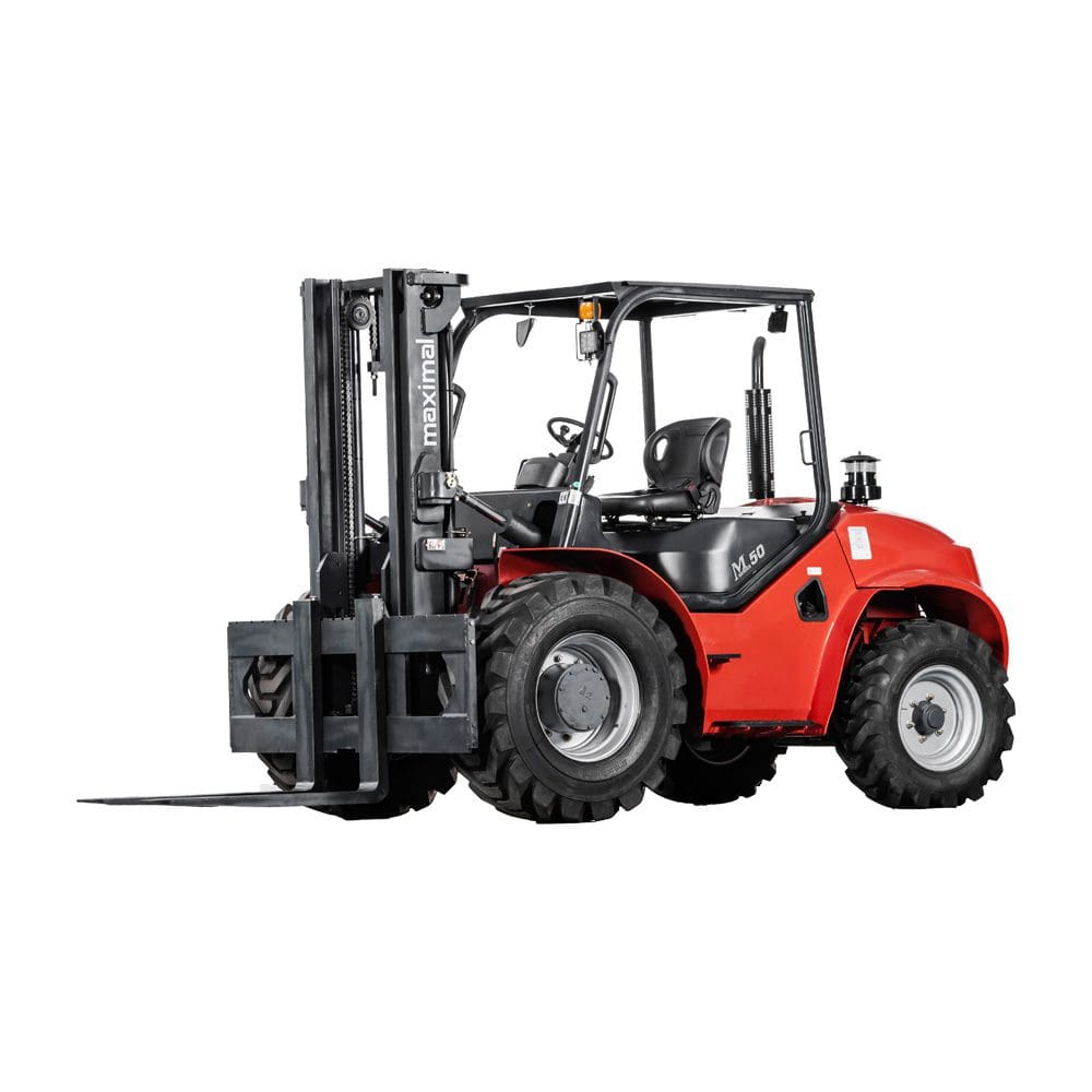 A compact red forklift designed for heavy lifting tasks, showcasing a robust build and powerful capabilities.