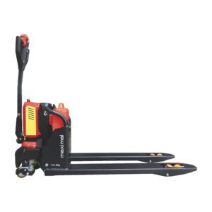 Side view of an electric pallet truck designed for lifting and transporting goods in warehouses