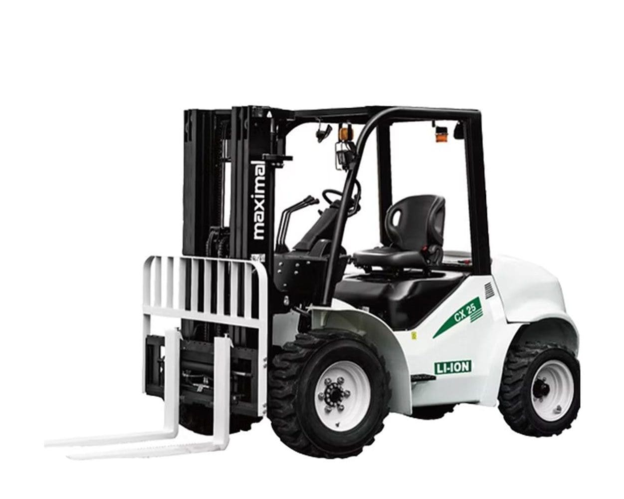 Maximal Forklift for Industrial Use A white Maximal forklift with large tires and a front lifting fork, designed for heavy-duty lifting in various industries.