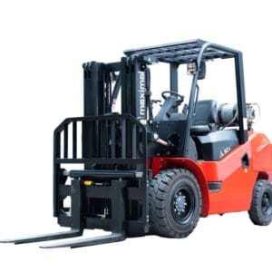 Red heavy-duty forklift with extended forks designed for lifting heavy loads in industrial settings.