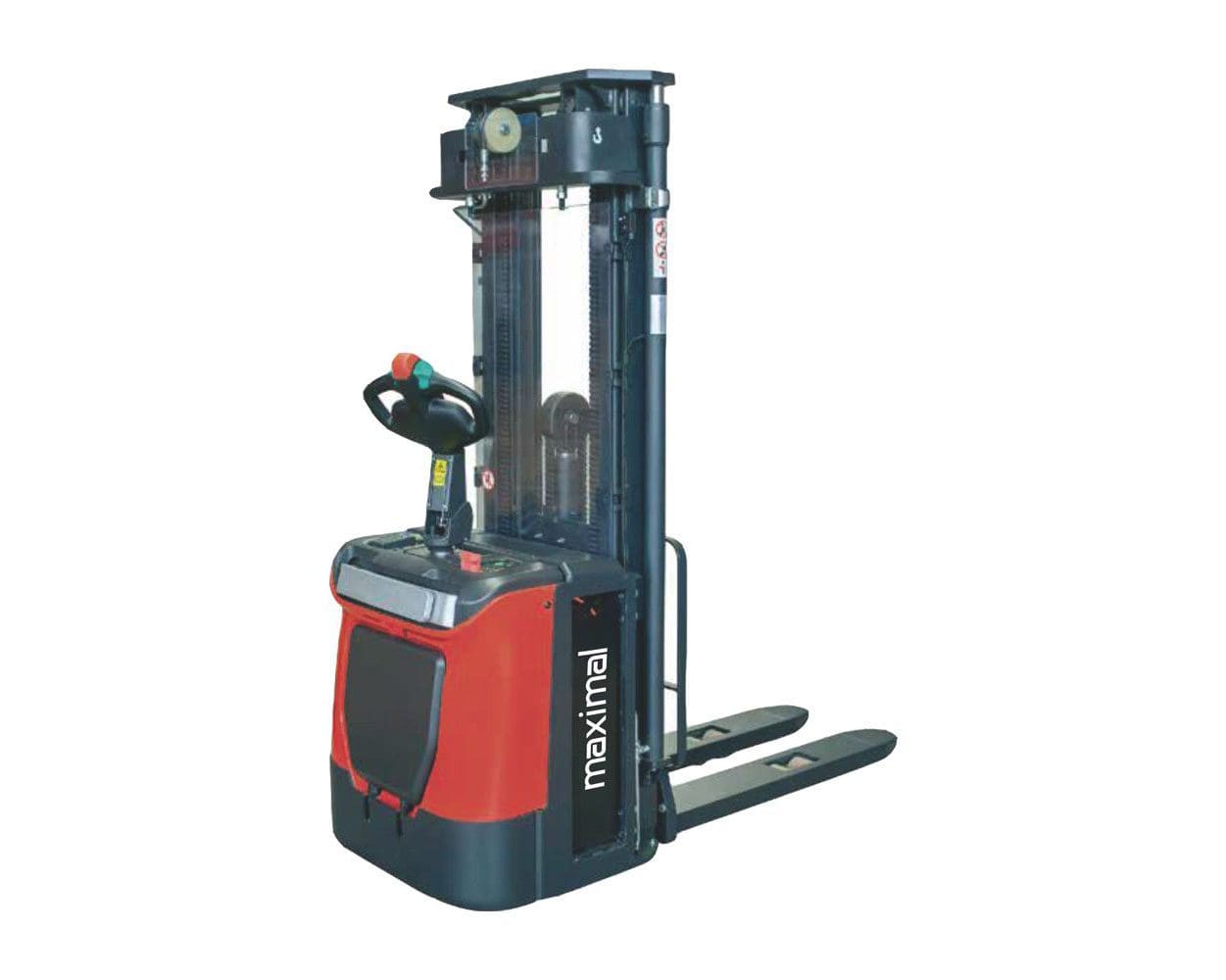 Electric Pallet Stackers for Efficient Warehouse Operations A red and black electric pallet stacker with lifting capability, designed for warehouse use.